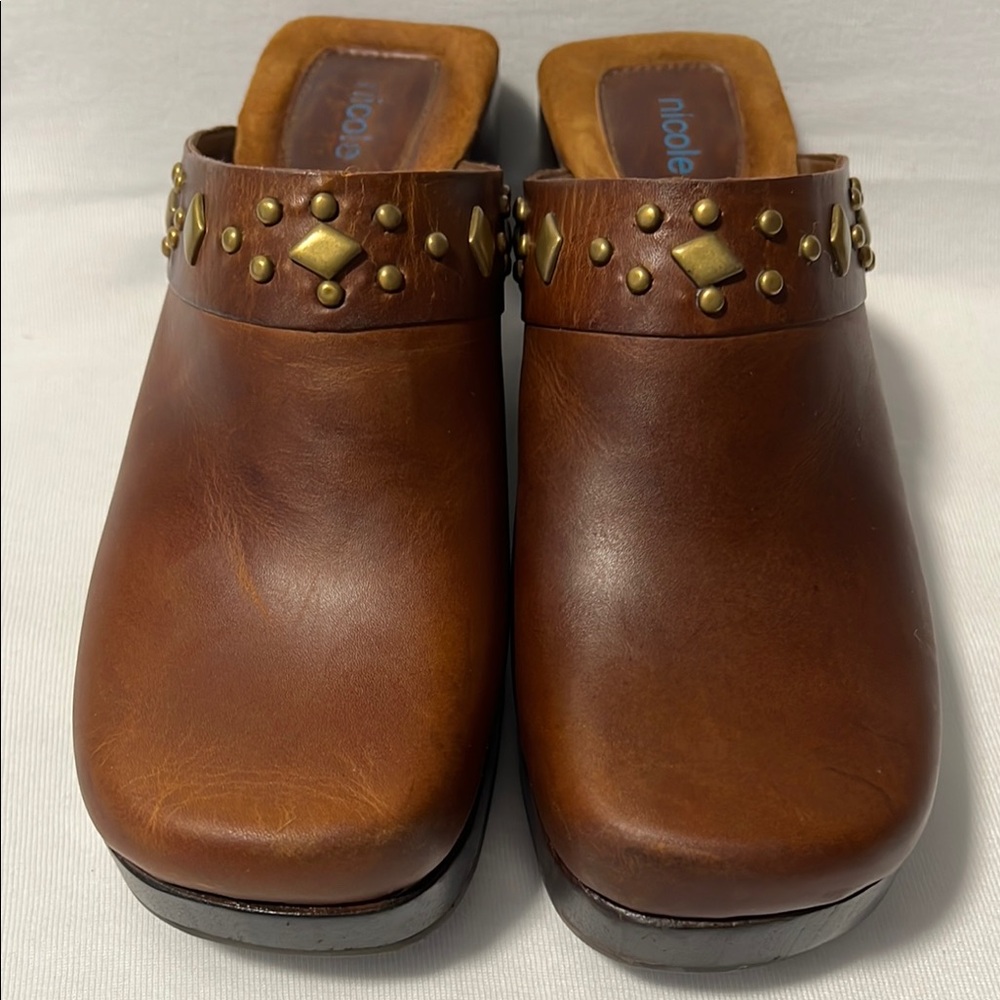 Nicole Sheila Brown Leather Wooden Clog Women's Size 8 Studded Boho Chunky Heel